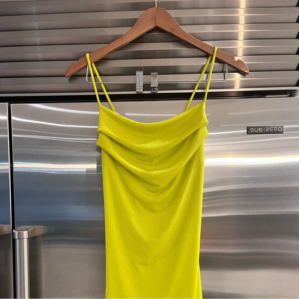 Cowl neck neon green mini dress with spaghetti straps